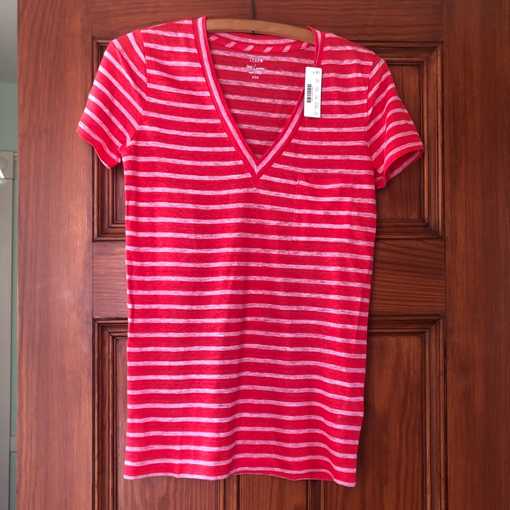 J Crew Striped Linen V-Neck Pocket Tee ~ NWT